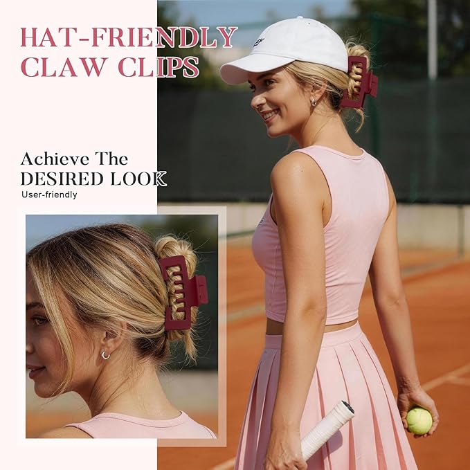 6 Pcs Hat Claw Clip for Women, Hat-Friendly Claw Clips for Baseball Cap & Trucker Hat - 4.1 Inch Large Hat Claw Clip for Medium/Thick Hair, Non-Slip Baseball Hair Clips for Hats Hairstyle, Pink