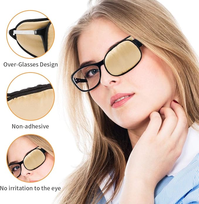 eZAKKA Eye Patches for Adults Left Right Eye, Eye Patch for Glasses, Medical Soft Eye Patch for Lazy Eye Amblyopia Strabismus and After Surgery (Champagne + Black)