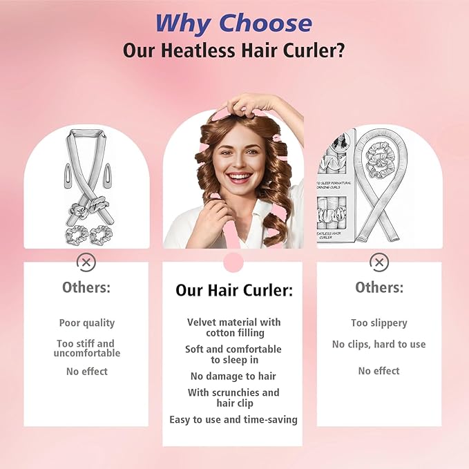 Heatless Curls Overnight Headbands for Women, Heatless Curlers Set with Scrunchies and Clip, Hair Rollers for Women to Sleep in, Soft Velvet Heatless Hair Curler for Long Hair, No Heat Damage (Black)