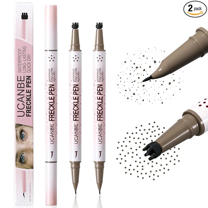 UCANBE 2PCS Dual-Ended Freckle Pen & Freckle Stamp - Precise 15° Curved Tip Makeup Waterproof & Smudge Proof, Long Lasting Faux Freckles Pencils (04 Dark Brown)