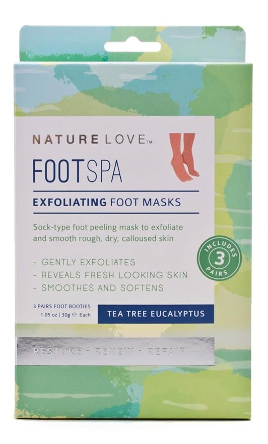 Nature Love Exfoliating Foot Mask | Tea Tree Eucalyptus | Lactic Acid and Urea | Gently Exfoliates and Removes Dead Skin | Paraben Free (3 Pairs)