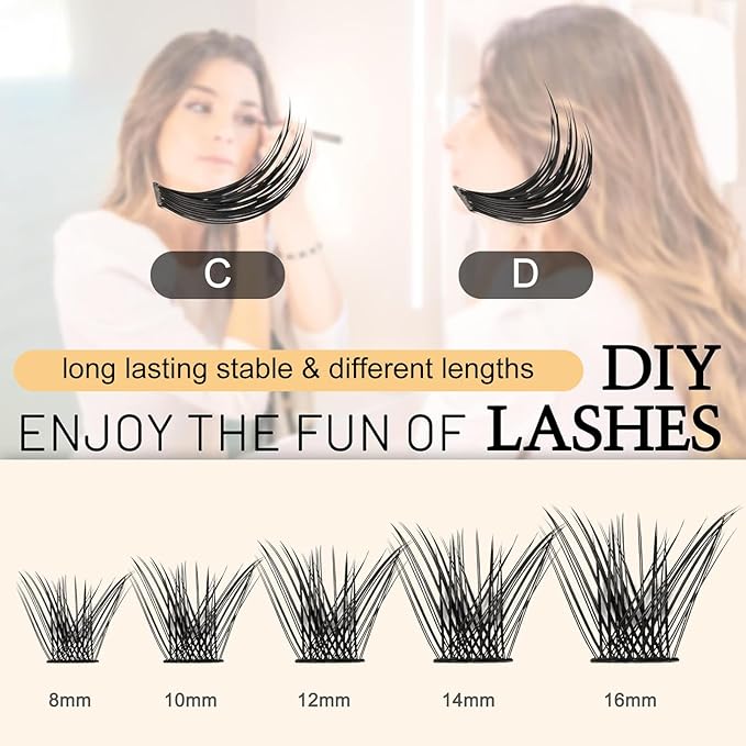 QUEWEL Cluster Lashes 72 Pcs Wide Stem Individual Lashes C/D Curl 8-16mm Length DIY Eyelash Extension False Eyelashes Soft for Personal Makeup Use at Home (Fluffy-C-14)