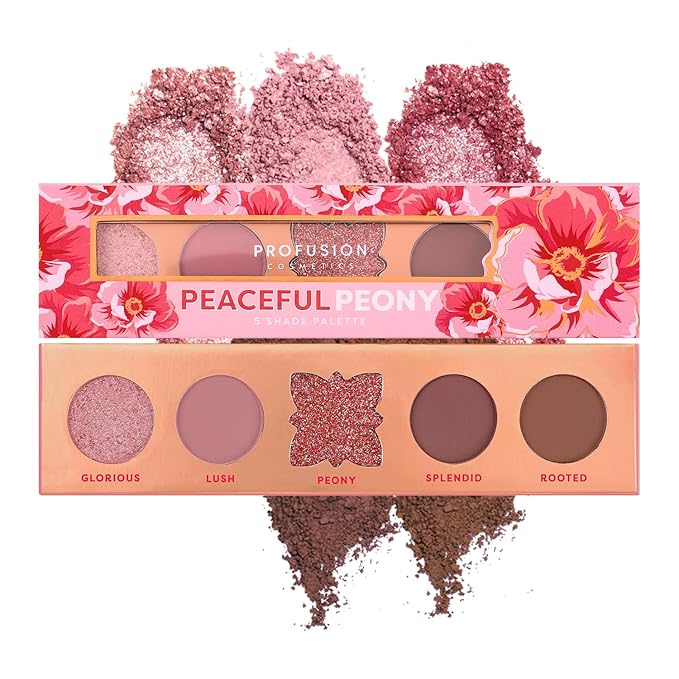 Profusion Cosmetics 5-Shade Mini Eyeshadow Palette - Highly Pigmented with Matte & Shimmer Finishes, Blendable Travel-Friendly Kit, Vegan & Cruelty-Free Makeup (Peaceful Peony)