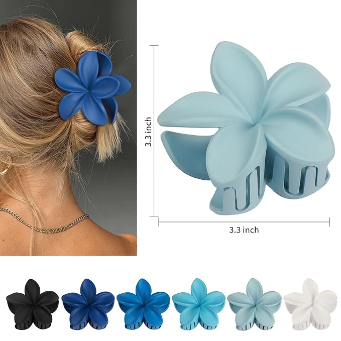 CHANDAT Flower Hair Clips 6 PCS Hawaiian Claw Clips for Vacation Hibiscus Hair Claw Cute Large Hair Clips for Thick and Thin Hair Plumeria Hair Accessories for Women Girls -Blue