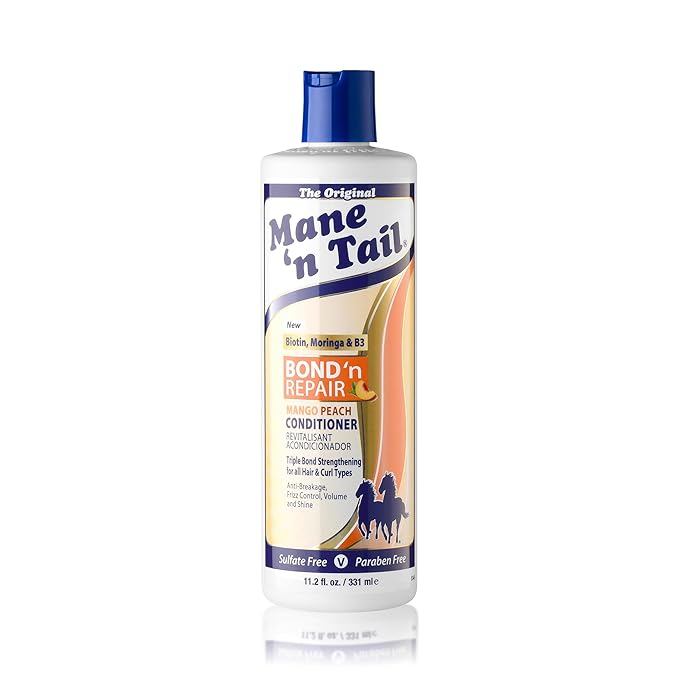 Mane ’n Tail Bond ’n Repair Conditioner, Moisturizing Detangling Conditioner for Damaged Hair, Anti-Breakage & Frizz Control, Triple Bond Repair with Biotin, Moringa & Niacinamide, Mango Peach 11.2 fl