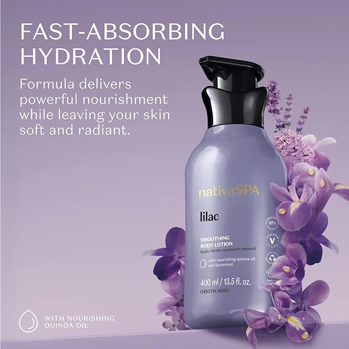 Nativa SPA by O Boticário, Lilac Smoothing Body Lotion with Nourishing Quinoa Oil + BioRetinol, Fragranced Skin Moisturizer, 13.5 Ounce