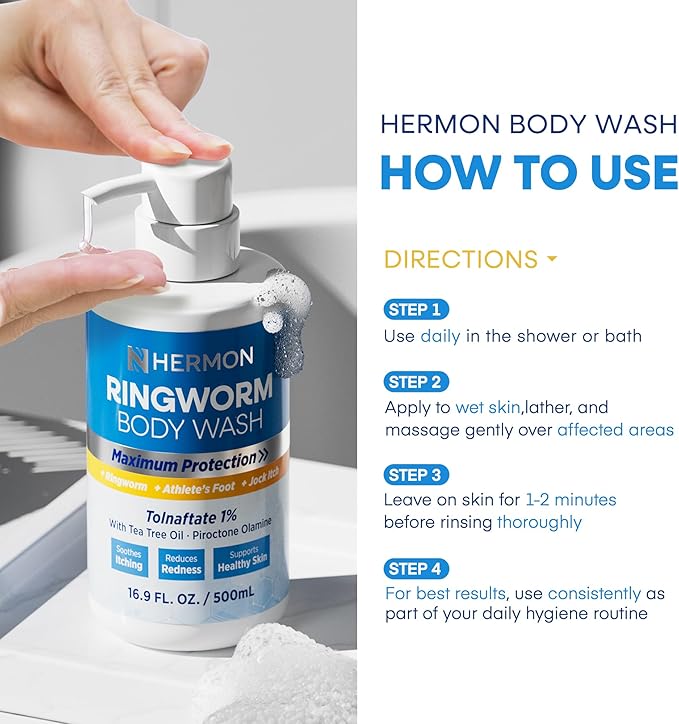 Antifungal Ringworm Treatment Body Wash - Antibacterial Wash with 1% Tolnaftate & Tea Tree Oil for Ringworm, Jock Itch, Tinea, Back Acne & Foot Odor on back, chest, groin, feet for Men and Women 500ml