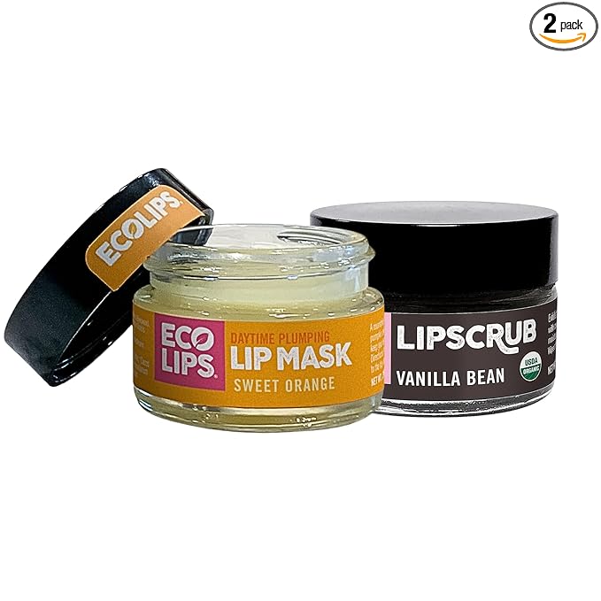 Eco Lips Daily Plumping Lip Mask with Hyaluronic Acid + Organic Vanilla Bean Sugar Lip Scrub 2-Pack 100% Natural Made in USA
