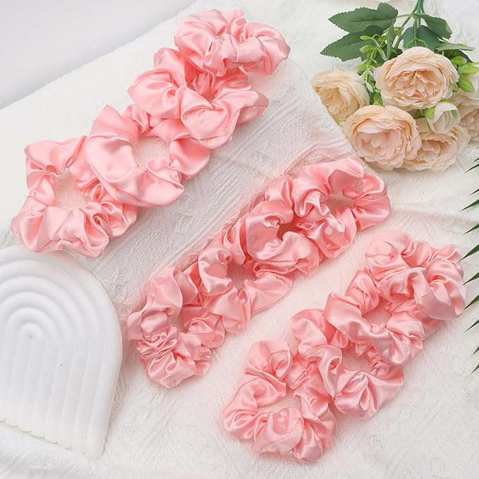 Silk Satin Scrunchies for Women Girls 12 PCS Pink Hair Scrunchies Bulk Silk Satin Hair Ties for Thick Hair Pink Party Favors