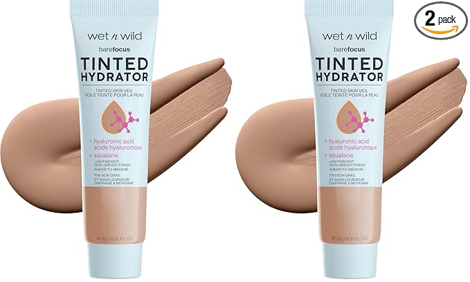 wet n wild Bare Focus Tinted Hydrator Matte Natural Finish, Oil-Free Tinted Face Moisturizer Makeup, Hyaluronic Acid, Squalane, Sheer To Medium Coverage, Medium Deep (Pack of 2)