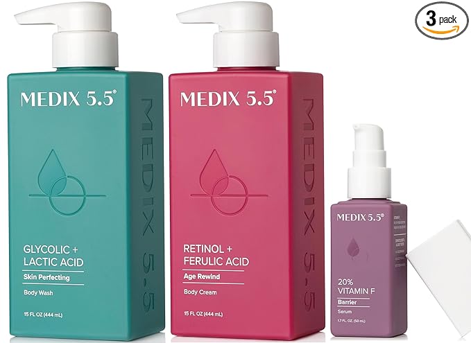 MEDIX Anti Aging Skin Care 3PC Set | Retinol Body Cream + Exfoliating AHA Glycolic Acid Foaming Face & Body Wash + Vitamin F Booster Serum, Wash + Treat + Hydrate Skincare Set