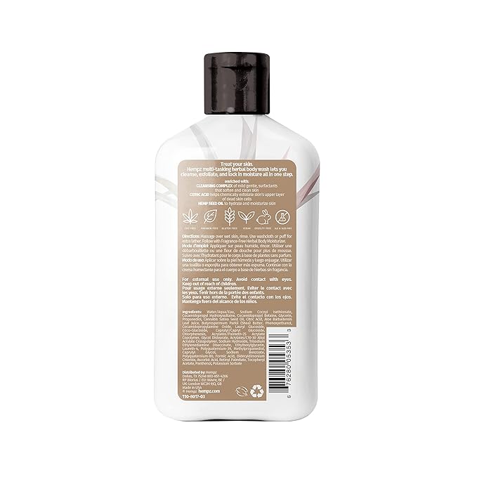 Hempz Body Wash - Fragrance Free - Hydrating for Sensitive Skin, Scented, Exfoliating with Shea Butter, Pure Hemp Seed Oil, and Algae for Sensitive Skin - 17 fl oz