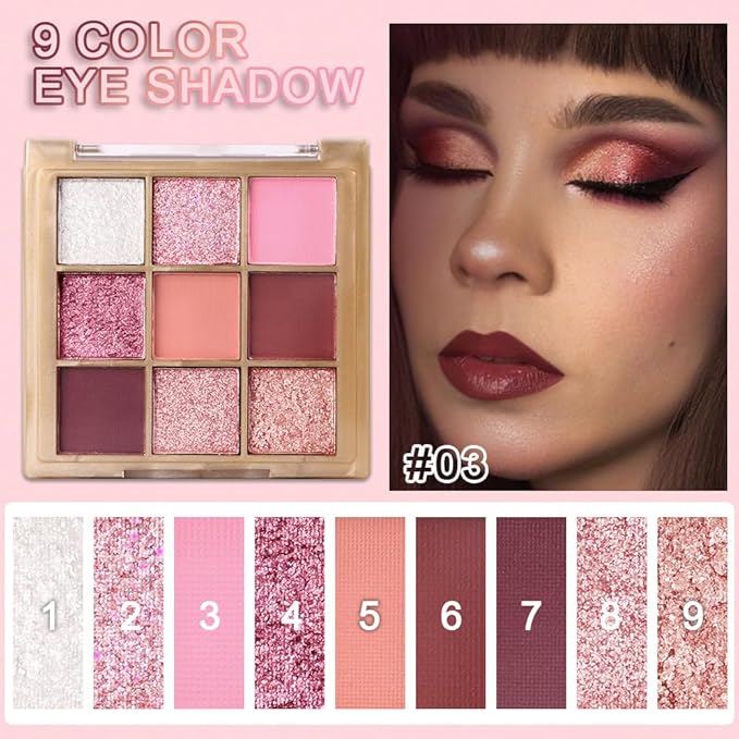 CAKAILA 9 Colors Pink Eye Shadow Palettes,Nude Rose Gold Champagne Plum Eyeshadow Palette for Older Women,Natural Powde Eye Shadows Waterproof Long Lasting Naturing-Looking,Travel Size Makeup Pallete