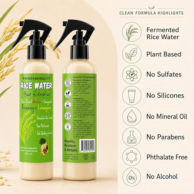 PrideandBeauty Fermented Rice Water Hair Refresher – Infused with Rosemary, Biotin, Caffeine & Keratin – Strengthens, Reduces Breakage, Hydrates & Softens – Non-Greasy Leave-In for All Hair Types