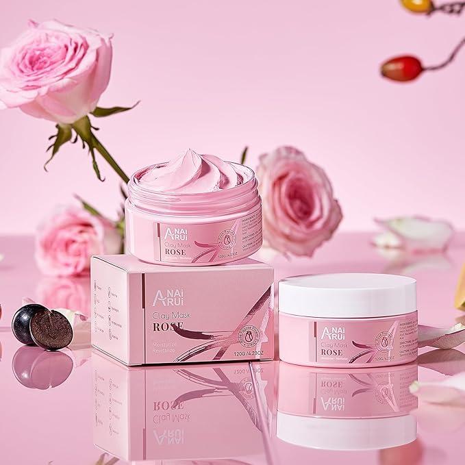 ANAI RUI Rose Facial Mask, Deep Cleansing, Clay Mask with Kaolin Pink Clay, Gifts for Women, Niacinamide, Collagen, Hyaluronic Acid for Moisturizing & Smooth Skin, Pores Minimizers, 4.23Oz