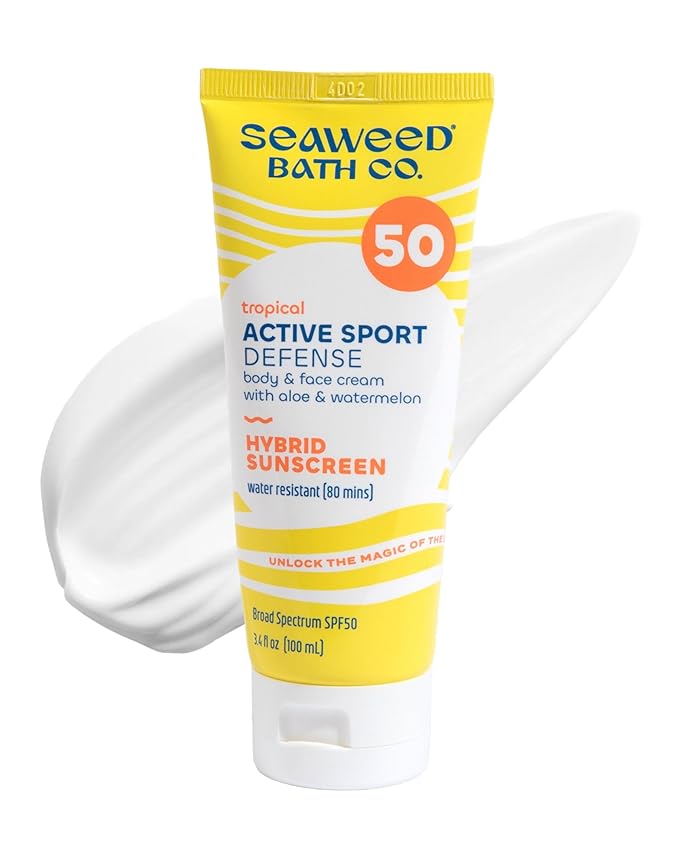 Seaweed Bath Co. Active Sport Defense Cream SPF 50 - Broad Spectrum Hybrid Sunscreen with Zinc Oxide, Aloe & Watermelon - Water Resistant Face and Body Daily Sunblock, 3.4 Ounce