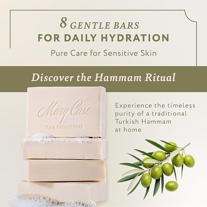 Mary Case All Natural Bar Soap for Men & Women (Set of 8) - Turkish Bath Hammam Bar Soaps - Bath Soap Bars with Olive Oil to Soften & Purify Skin