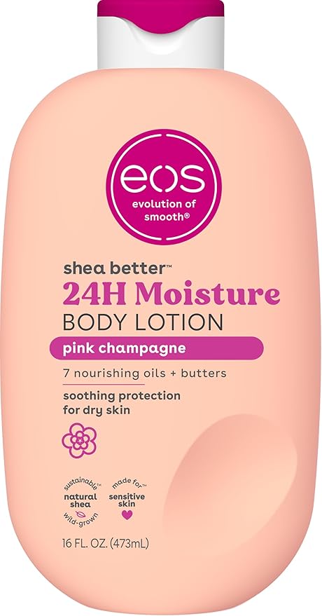 eos Shea Better Body Lotion Pink Champagne, 24-Hour Moisture Skin Care, Lightweight & Non-Greasy, Natural Shea, Vegan, 16 fl oz