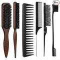 6 Pcs Boar Bristle Slick Back Hair Brush with Edge Brush Rat Tail Comb and Wide Tooth Comb, Hair Styling Comb for Men Women