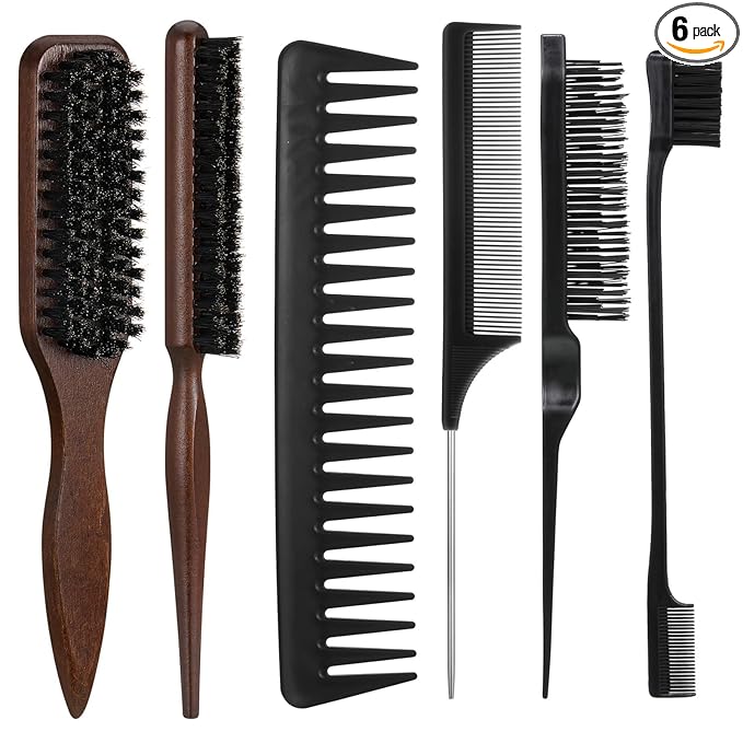 6 Pcs Boar Bristle Slick Back Hair Brush with Edge Brush Rat Tail Comb and Wide Tooth Comb, Hair Styling Comb for Men Women
