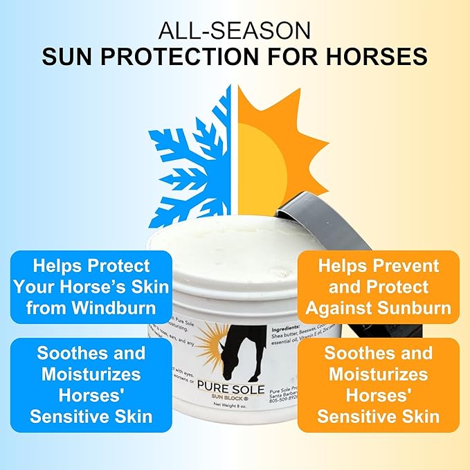 Sunscreen for Horses - Pure Sole Sun Block Cream |Nose Sun Protection and Sensitive Pink Horse Skin |Made with Safe Non-Nano Zinc Oxide-and Moisturizing Natural SPF Ingredients| Use Year Round - 8 oz.