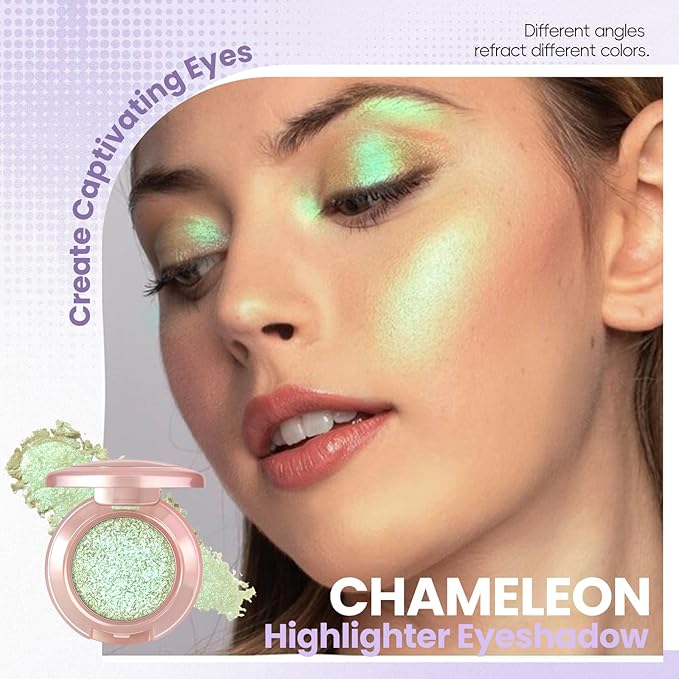 HOSAILY Holographic Light Green Glitter Eyeshadow, Multichrome Shimmer Color Shifting Single Eyeshadow, Chameleon Metallic Iridescent Eye Shadow Palette Bouncy Texture Fairy Highlighter Makeup #5