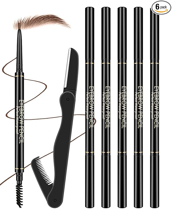 Light Brown Eye Brow Pencils for Women, 6Pcs Waterproof Eyebrow Pencil Set, Ultra Fine Tip for Eye Liner Brows, Long Lasting Makeup Professional Shaping & Filling Brow Gel Pen with Eyebrow Razor-02