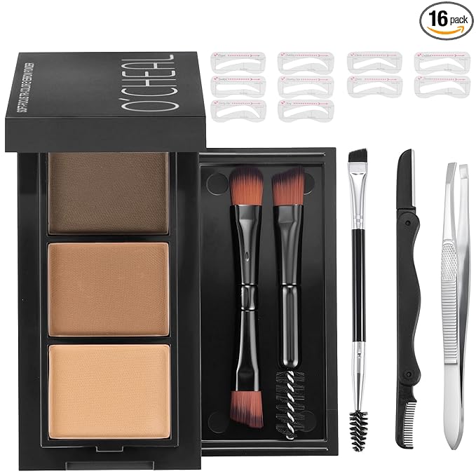CCbeauty Eyebrow Powder Makeup Kit,3 Colors Eye Brow Powder Palette, Long Lasting Waterproof Brown Brow Filler, With Buit-In Mirror, Brow Brush, Brow Razor, Brow Tweezers, 10Pcs Eye Brow Stencil