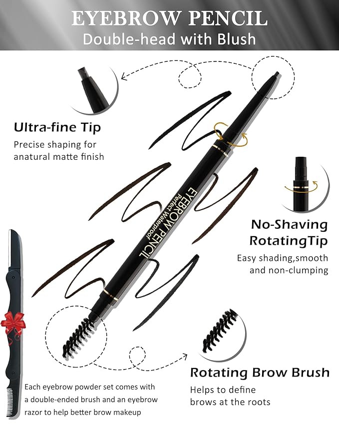 Gray Eye Brow Pencils for Women, 6Pcs Waterproof Eyebrow Pencil Set, Ultra Fine Tip for Perfect Eye Liner Brows, Long Lasting Makeup Professional Shaping & Filling Brow Gel Pen with Eyebrow Razor-04