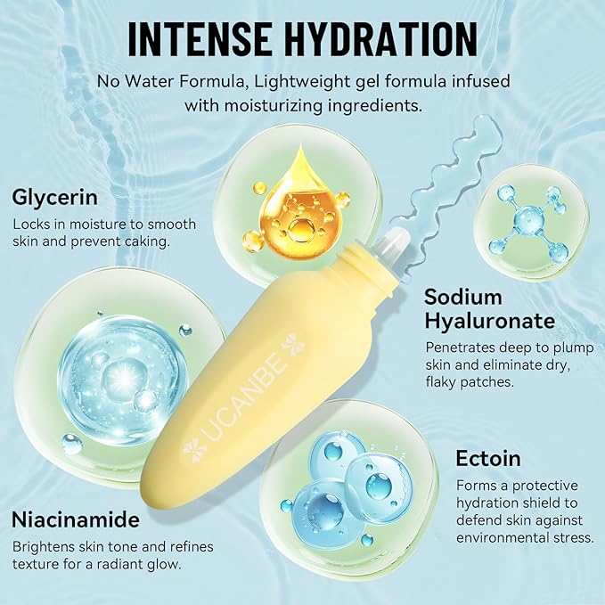 UCANBE Waterless Glow-Lit Hydra Grip Primer, Hydrating Gel for Dry & Textured Skin, Smoothes Bumps & Locks in Makeup with Niacinamide & Aloe, Dewy Finish Gripping Makeup, Moisturizes & Primes