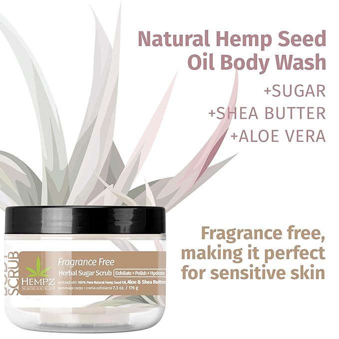 HEMPZ Sugar Body Scrub - Fragrance Free - All Natural Exfoliating Shea Butter, Sugar, and Salt - For Women, Men, and Teens - 7.3 fl oz