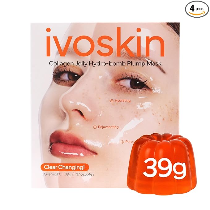 IVOSKIN Collagen Jelly Hydro-bomb Plump Mask, Hydrating 39g x 4ea Real Collagen Mask, Firming and Moisturizing for Glow Skin, Collagen Water over 670,000 ppm