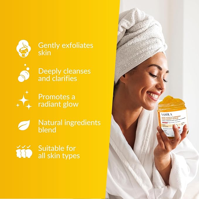 Nasola Kojic Acid Turmeric Face and Body Scrub - Moisturizing & Exfoliating Sugar Scrub with Shea Butter & Oils For All Skin Types - Removes Dead Skin for Hydrated Feel, Great Gifts For Women & Men