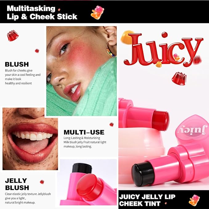 Multi-Use Cooling Water Jelly Blush, Juicy Love Blush, 3-In-1 Cheek Tint & Eyeshadow & Lip Tinted, Long-Lasting Moisture Creates A Moist Watercolor Effect-1,000+ Swipes Per Stick (#01)