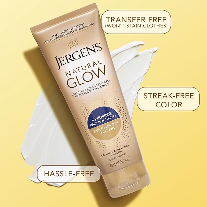 Jergens Natural Glow +Firming Self Tanner Body Lotion, Fair to Medium Skin Tone, Sunless Tanning Moisturizer with Collagen and Elastin. Helps to Visibly Reduce Cellulite, 7.5 Fl Oz (Pack of 4)