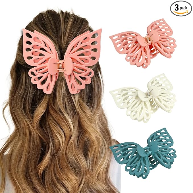 3 Pcs Large Matte Butterfly Hair Clips, Strong Hold Non-Slip Hollow Hair Clips Made to Manage Thick Hair, Multi-Color Barrettes for Women & Girls (Pink, White, Blue)