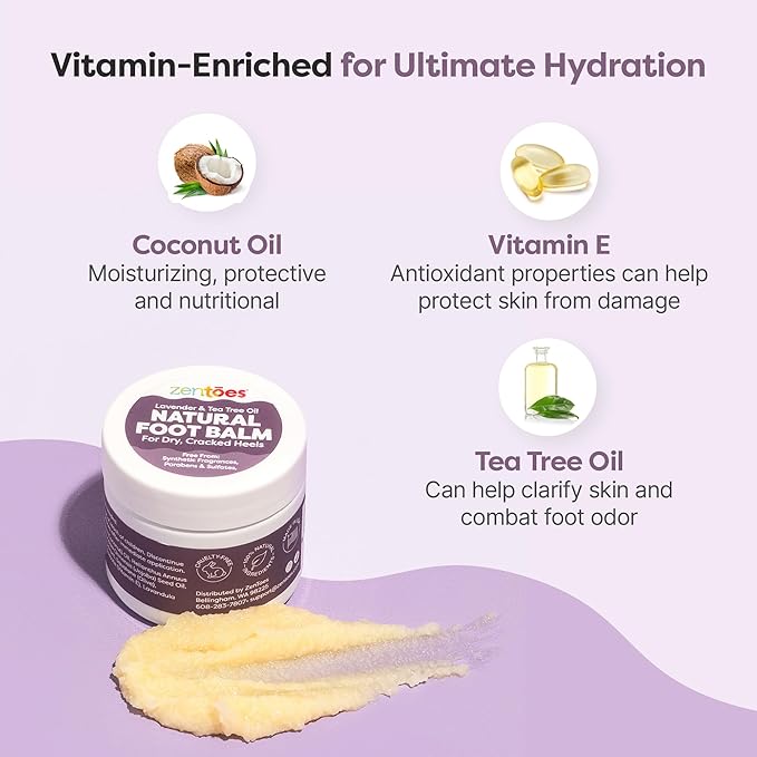 ZenToes Natural Foot Balm | Hydrating Cream for Dry, Cracked Heels & Feet | Enriched with Coconut, Tea Tree, Jojoba & Vitamin E Oils | Soothes & Softens Rough Skin | 2oz