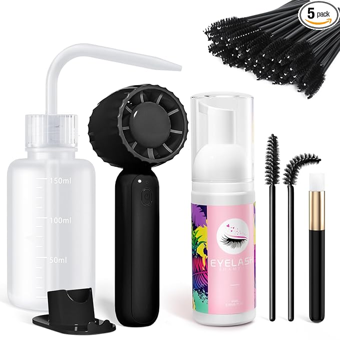 Buqikma Lash Cleaning Kit - Lash Shampoo 60ML with Rechargeable Handheld Fan Dryer, Mascara Brush, Rinse Bottle, Makeup Cleansing Foam for Eyelash Extension Care, Black