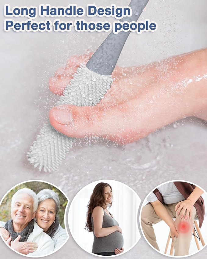 Toe Cleaning Brush,Foot Scrubber for Shower with 15.7" Long Handle Soft Silicone Cleaning Shower Brush Foot Care for Seniors,Elderly, Men and Women (Grey)