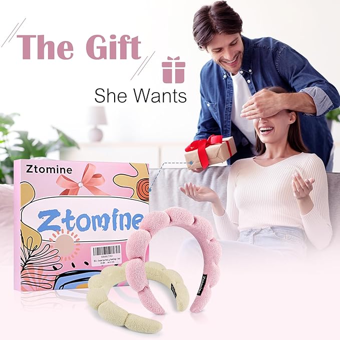 Ztomine Headband, Set of 2 - Terry Cloth Spa Headbands for Washing Face or Facial, Puffy Makeup Headbands for Face Washing, Mask - 1 Beige + 1 Pink