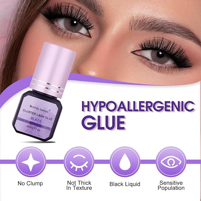 Cluster Lash Glue Black 2-3s Fast Drying,Long Lasting Strong Hold,Waterproof,DIY Individual lash Extension-glue by Wendy Lashes（5ML）