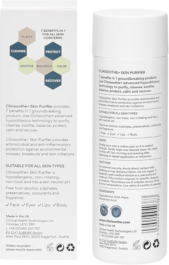 Clinisoothe+ Skin Purifier – Daily Cleanser and Acne Treatment for Face & Body, with Hypochlorous Technology to Prevent Breakouts & Promote Rapid Recovery, For All Skin Types (8.4oz Pour Bottle)