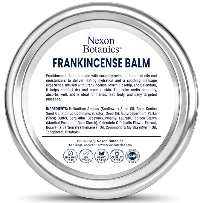 Frankincense Balm 2 fl oz - Soothing Muscle Comfort and Deep Hydration for Dry Skin with Myrrh, Calendula, Bisabolol, Rosehip & Vitamin E - Nexon Botanics