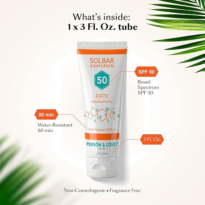 Solbar Fifty SPF 50 Sunscreen for Face & Body — Broad Spectrum SPF 50 Sun Cream, Water-Resistant 80 Minutes, Non-Comedogenic Travel Size 3 Fl. Oz., Fragrance Free