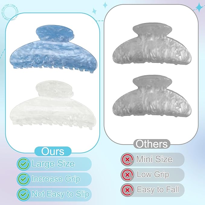 4.2 Inch Large Acrylic Claw Clips, Cute Pink Blue Green White Hair Claw Strong Hold Hair Clips Barrettes for Thick Thin Hair, 4 Pack Stylish French Hair Accessories for Women Girls