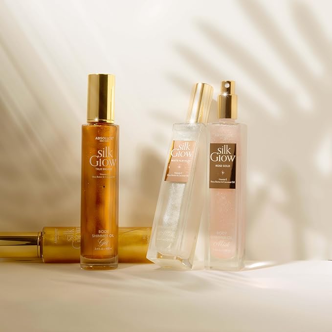 Absolute New York - Silk Glow Shimmer Mist Glow, Radiant, Shimmer Body & Face & Hair, Shea Butter, Coconut Oil, Vitamin E (SBGS04 Rose Gold Oil Gel, 3.4 fl oz)