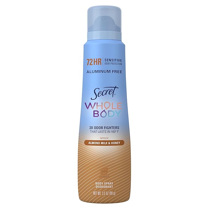 Secret Whole Body Deodorant Spray for Women, Almond Milk & Honey Scent, Aluminum Free Deodorant, 72 HR Odor Protection, 3.5oz