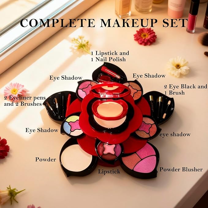Makeup Kit for Teens, All in One 3 Tier Flower Makeup Kit for Girls 10-12, Complete with Eyeshadow Palette, Lip Gloss, Blush, Concealer,Ideal Starter Makeup Set Gift for Teens, Women & Beginners