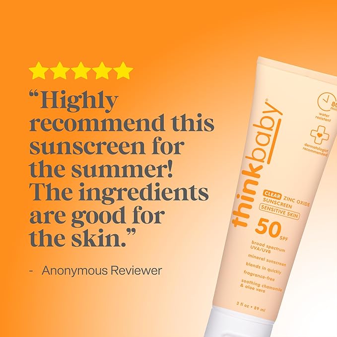 Thinkbaby Baby Sunscreen for Sensitive Skin, 3 Fl Oz, SPF 50 Clear Zinc Oxide Baby Mineral Sunscreen, Broad Spectrum UVA/UVB Protection, Natural, Water Resistant, Reef Safe, Vegan