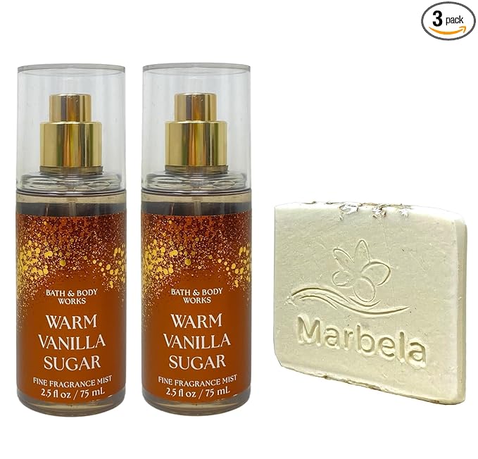 Bath & Body Works Warm Vanilla Sugar 2 Pack Mini Fragrance Mist Bundle with a Natural Oats Sample Soap - Travel Size